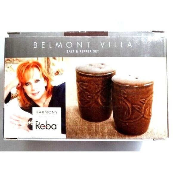 Reba Harmony Belmont Villa Salt Pepper Shakers Embossed Brown Scroll Gift NEW - Picture 1 of 5
